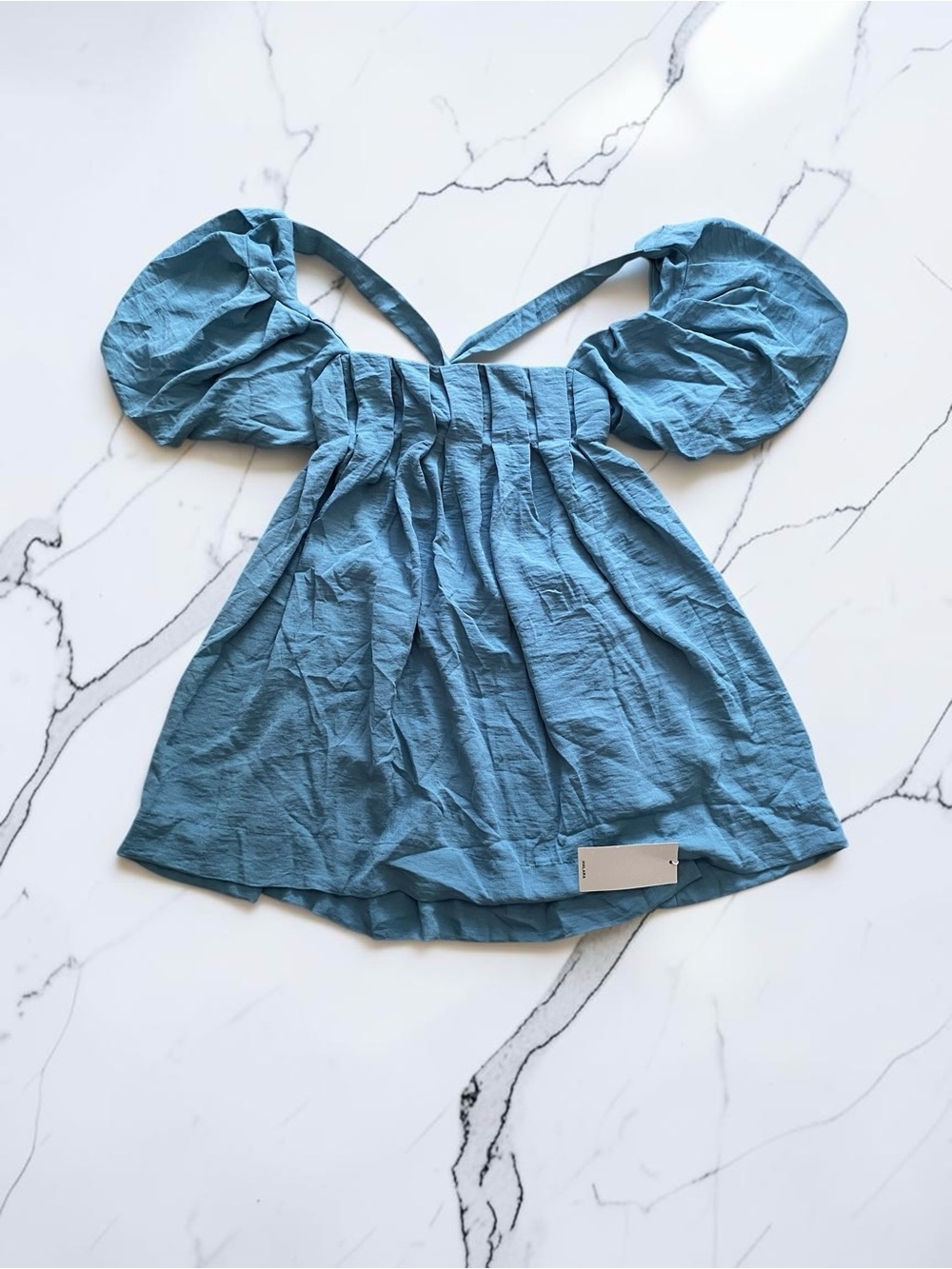 Lace Up Square Neck Puff Sleeve Pocket Casual Linen-Feel Babydoll Dress